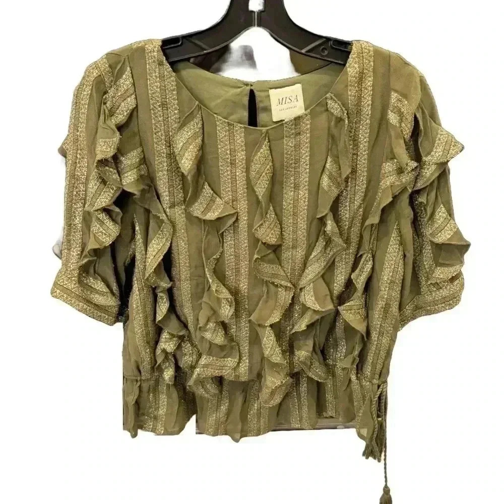 MISA Los Angeles green w metallic stripe short sleeve ruffle blouse size XS